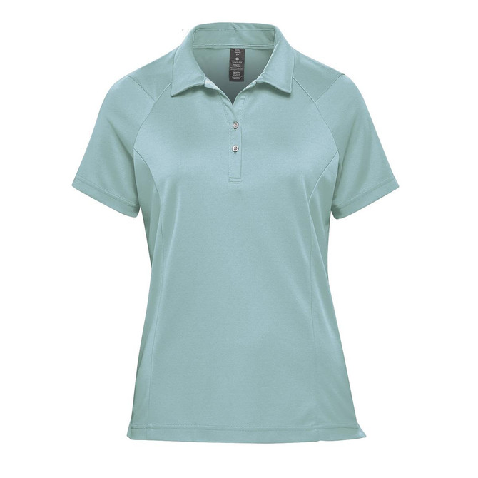 A women's polo shirt in a light teal colour with a three-button placket and a logo.