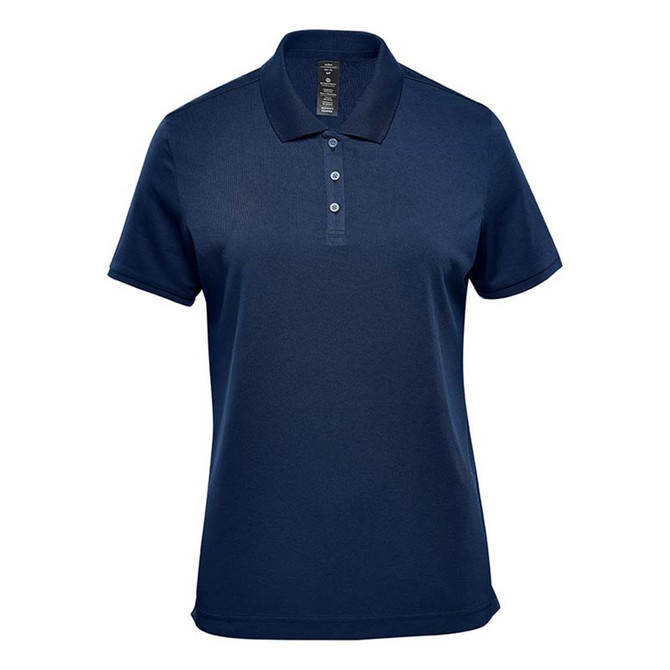 A navy women's polo shirt with a collar and three buttons, featuring a logo on the chest.
