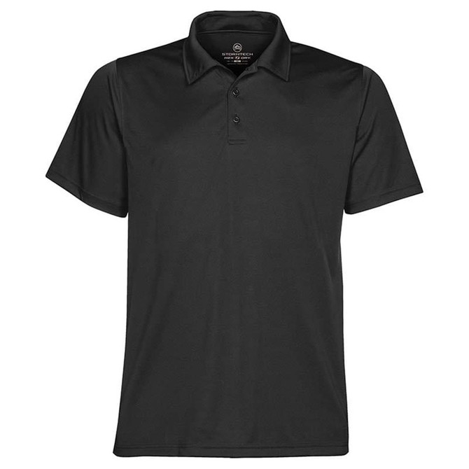 A black polo shirt featuring a classic collar and three buttons, with a logo on the neck.