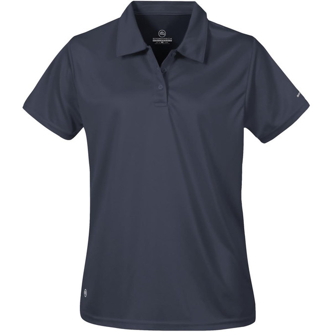 A dark blue women's polo shirt with a collar and short sleeves, featuring a logo on one side.