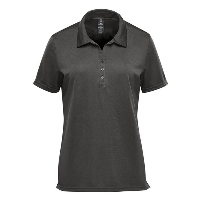 A women's short sleeve polo shirt in dark green with a collar and button placket, featuring a logo.