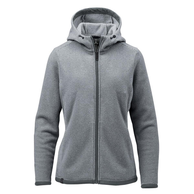 A women's grey fleece hoody with a zip front, hood, and long sleeves, featuring a branding logo.