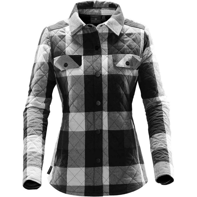 A black and white checked women's shacket with a quilted design, featuring two chest pockets and a collar.