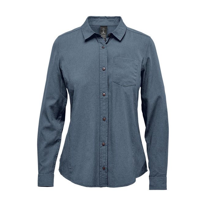 A women's button-up shirt in a dark teal colour, featuring long sleeves and a chest pocket. It has a logo.