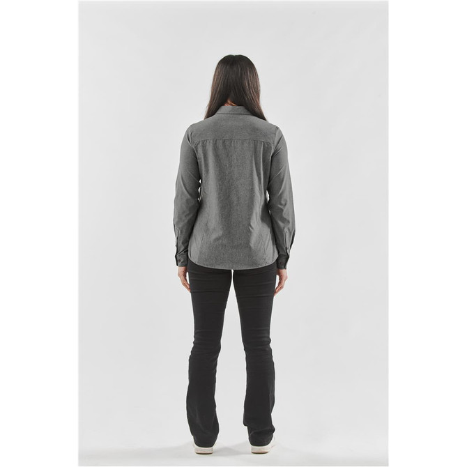 A grey women's button-up shirt with long sleeves, displayed on a model from the back, featuring a logo.