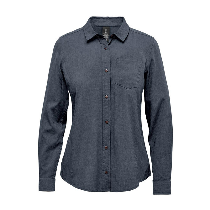 A women's button-up shirt in dark grey with a front pocket and a collar, featuring a logo.