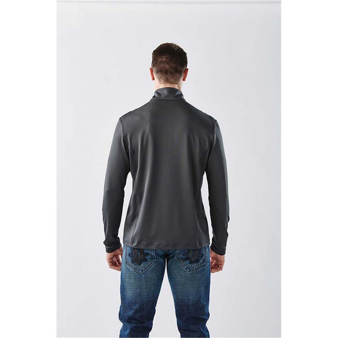A man in a dark grey long sleeve quarter-zip shirt, viewed from the back, wearing jeans. The shirt features a logo.