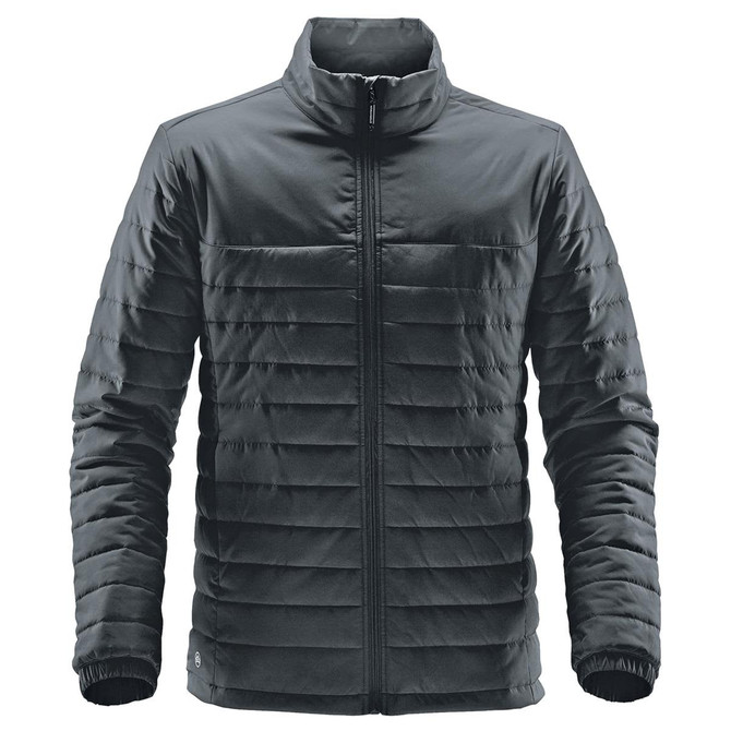 A men's quilted jacket in dark grey with a zip front and quilted detailing. Features a logo on the jacket.