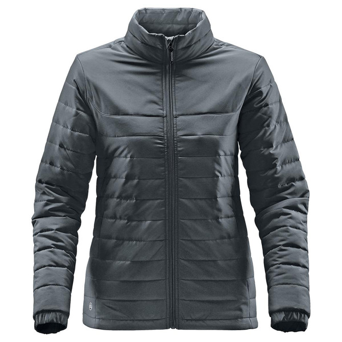 A women's quilted jacket in dark grey with a zip front and stand-up collar. It features a branding logo.