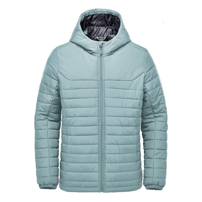 A light teal quilted hoody with a zip front and a hood, featuring a logo on the chest.