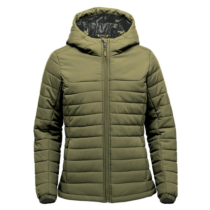 A women's quilted hoody in olive green with a zip front and a hood, featuring a patterned interior.