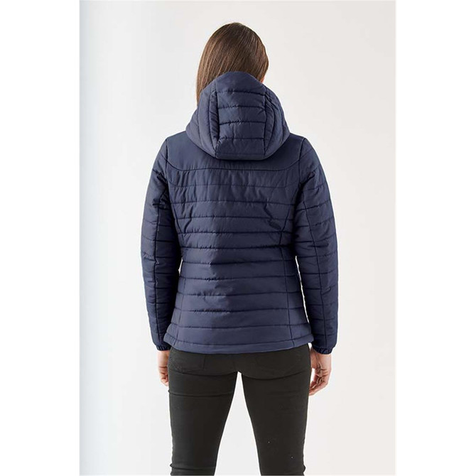 A navy women's quilted hoody with a hood, featuring horizontal stitching and a sleek design.