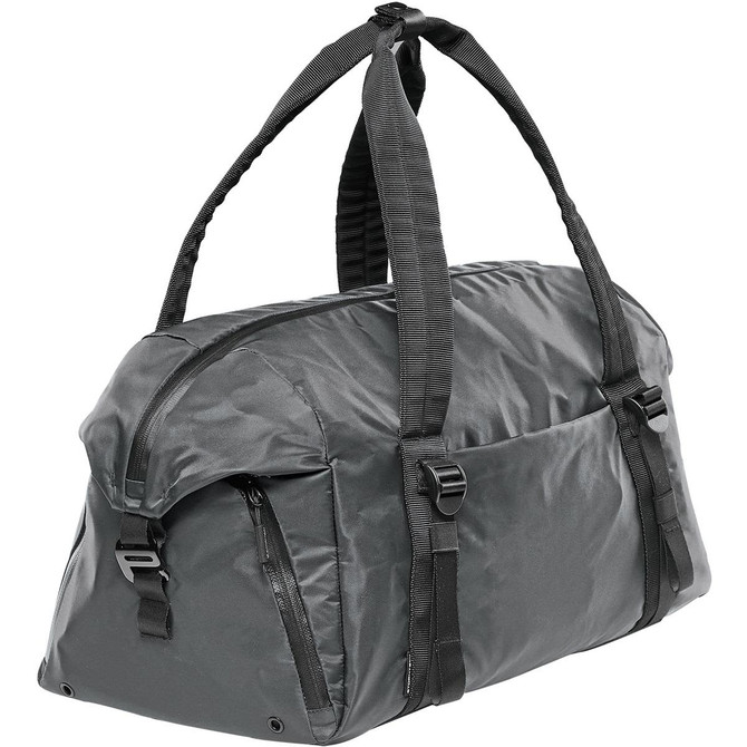 A dark green duffle bag with sturdy straps and zippers, featuring a sleek and durable design.