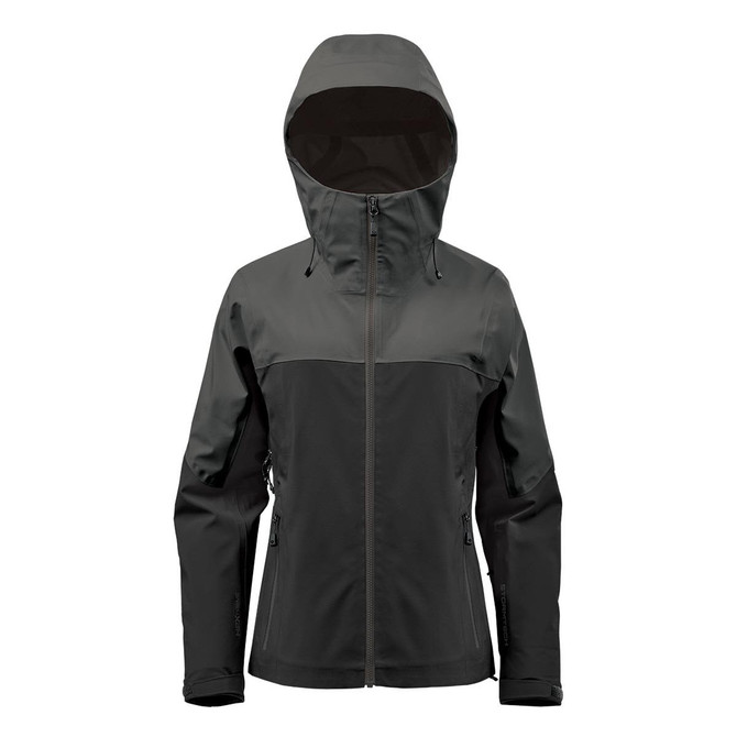A women's jacket in dark green and black, featuring a hood and a logo on the design.