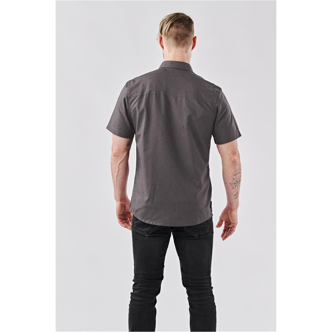 A grey button-up shirt with a subtle pattern, featuring short sleeves and a collar, viewed from the back.