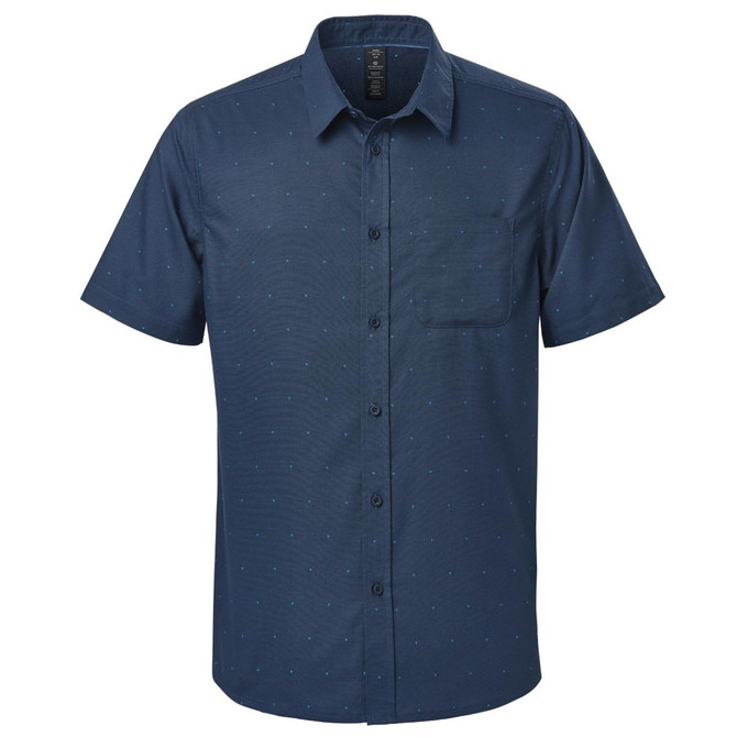A short-sleeve button-up shirt in navy blue with a subtle pattern, featuring a chest pocket and branding.