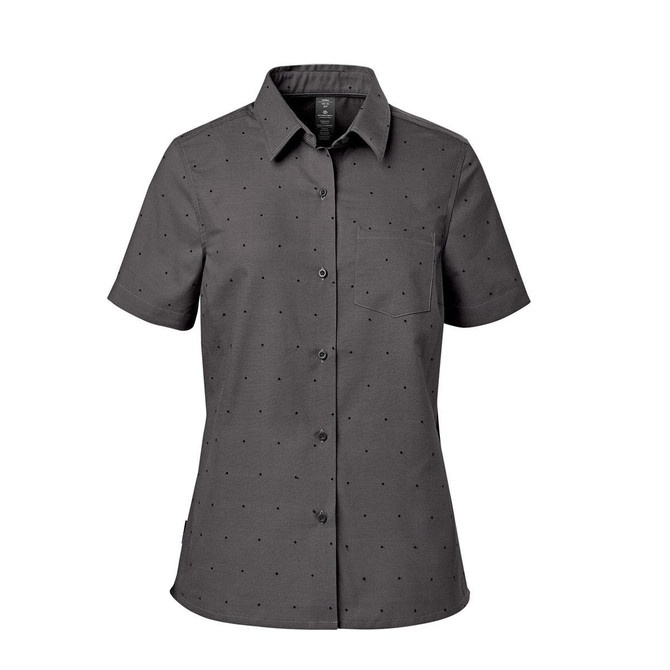 A short-sleeved women's button-up shirt in dark grey with a dotted pattern and a logo.