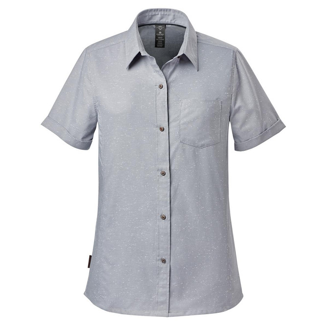 A light blue button-up shirt with short sleeves and a chest pocket, featuring a logo.