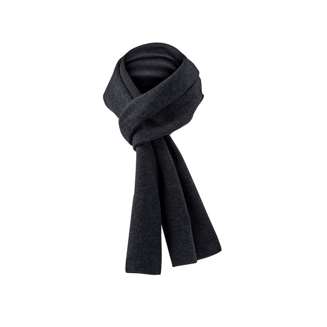 A dark grey knitted scarf, elegantly wrapped, featuring a simple design and a logo.