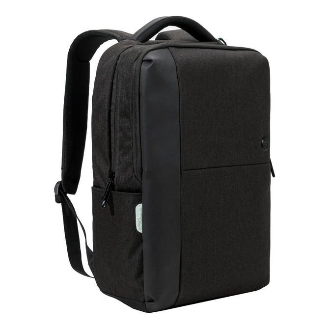 A black backpack with a sleek design and zippers, featuring a logo and padded shoulder straps.