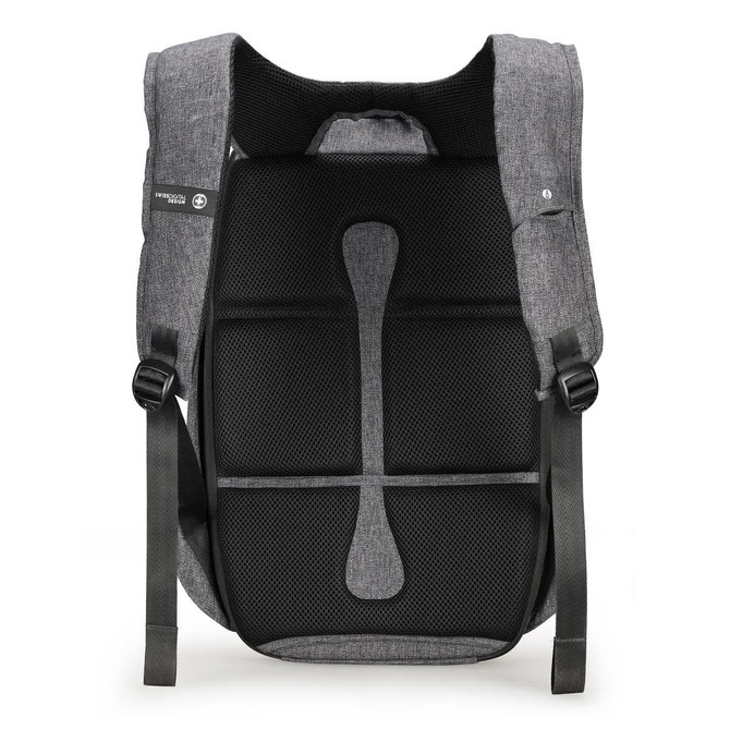 A grey Swissdigital Cosmo 3.0 Backpack featuring padded mesh back support and adjustable straps.