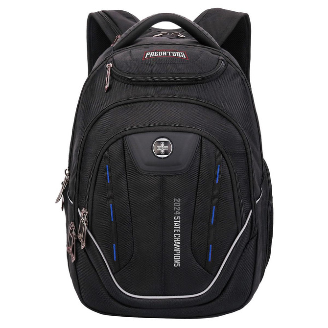 A black backpack with multiple compartments and zippers, featuring a branding logo and blue detailing.