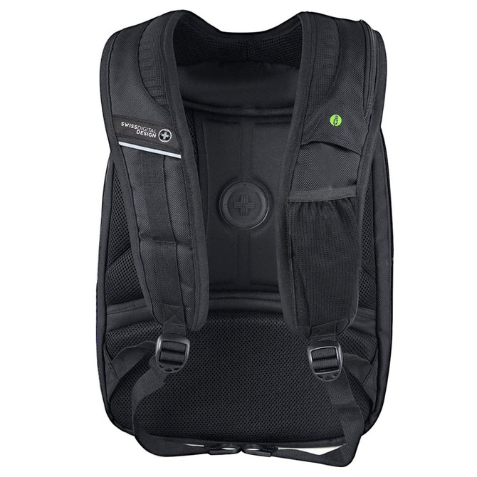 A black Swissdigital Terabyte Backpack featuring padded straps and multiple compartments, with a logo on the front.
