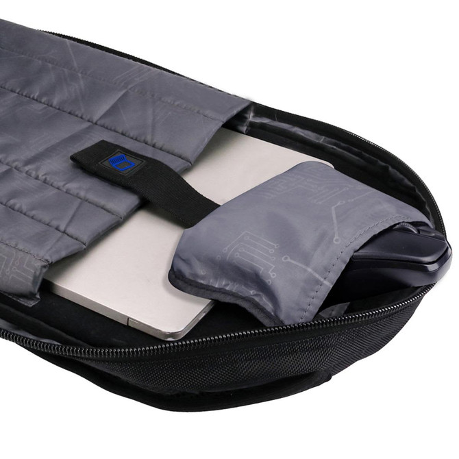 A grey Swissdigital Terabyte Backpack with a padded compartment holding a laptop and a small accessory pouch.