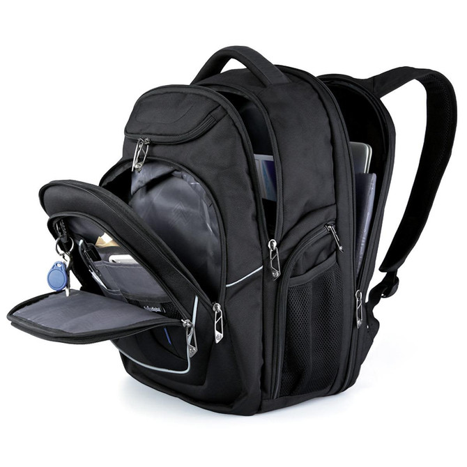 A black backpack with multiple compartments, including a padded laptop section and zippered pockets. It has a logo.