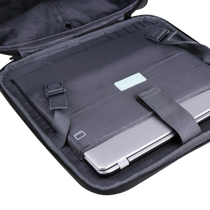 A sleek black wheeled bag with a padded compartment and adjustable straps for securing a laptop inside.