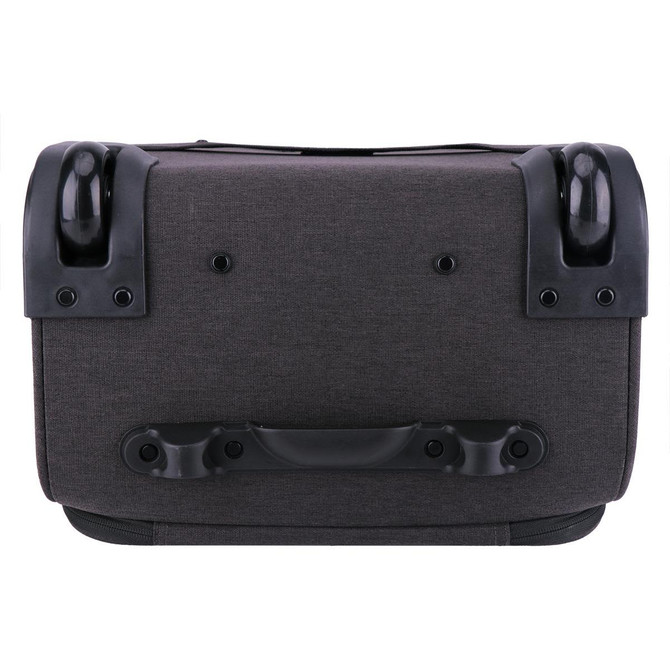 A wheeled underseat luggage in dark grey fabric with black accents and sturdy wheels.