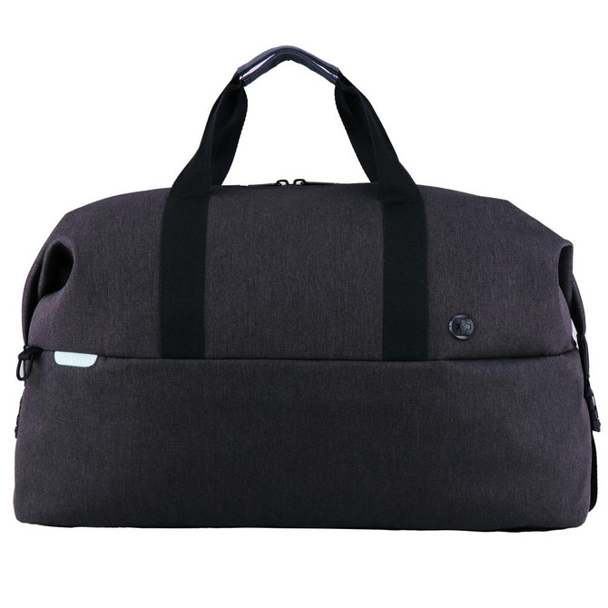 A dark grey duffle bag with dual black handles and a logo on the front.