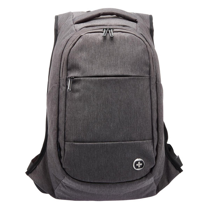 A grey anti-theft backpack featuring multiple zippered compartments and a logo on the front.