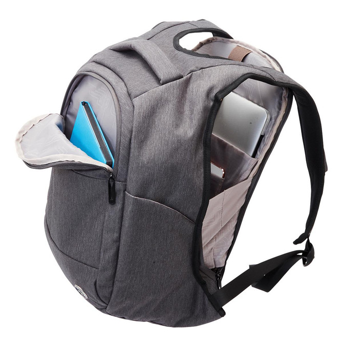 A grey anti-theft backpack with multiple compartments, featuring a laptop sleeve and a carry handle.