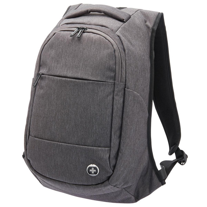 A grey anti-theft backpack featuring multiple compartments and a logo on the front.