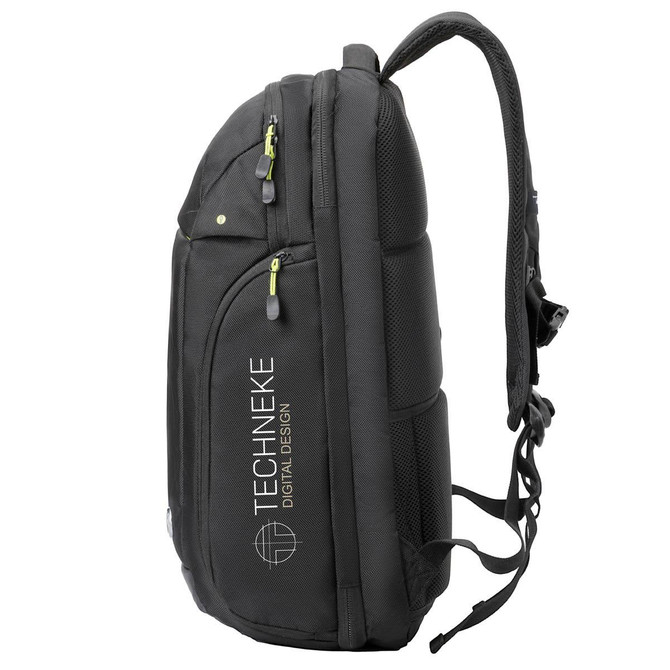 A black backpack featuring adjustable straps and a logo, designed for digital needs.