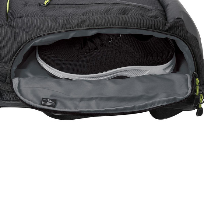 A black Swissdigital Java Backpack with a grey interior, featuring a compartment holding a black sneaker.
