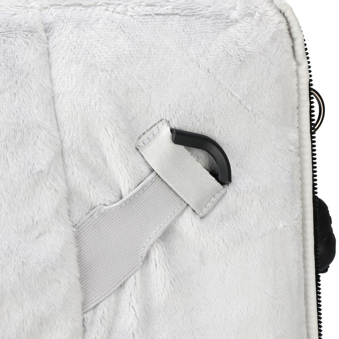 A soft, grey laptop sleeve with a strap and a black clip. It features a plush interior for protection.