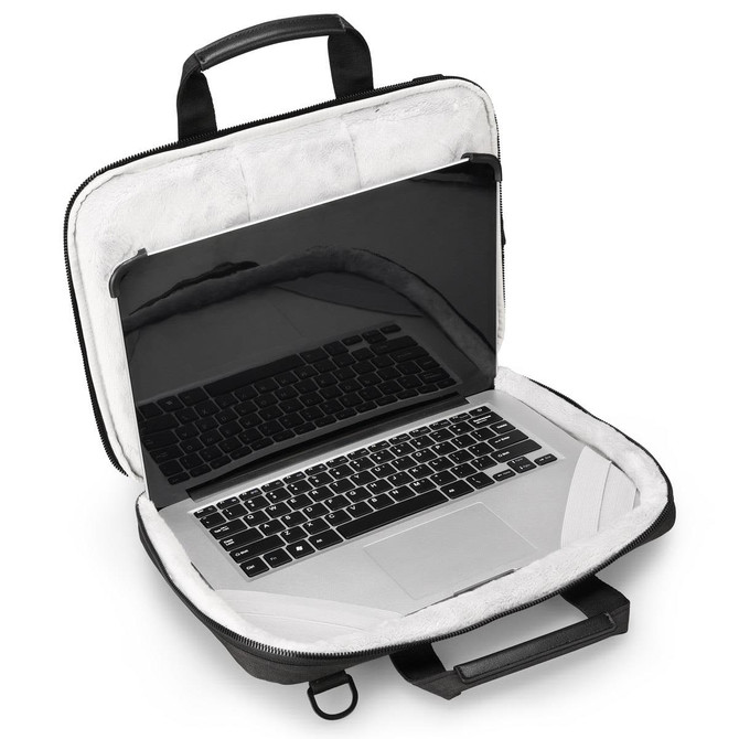 A laptop sleeve in black with a soft white interior, open to reveal a silver laptop inside. Contains a logo.