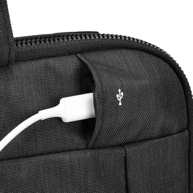 A laptop sleeve featuring a black fabric texture and a USB port for charging or connection. It has a logo displayed.