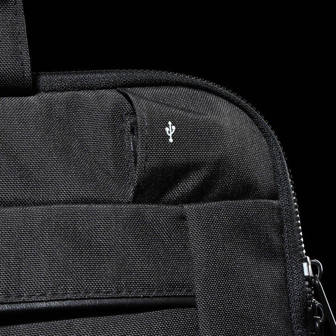 A black laptop sleeve featuring a small logo, showcasing a textured fabric and zip closure.