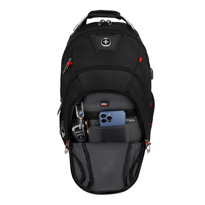A black Swissdigital Pixel Backpack with multiple compartments and a small blue phone visible inside. The backpack has a logo.