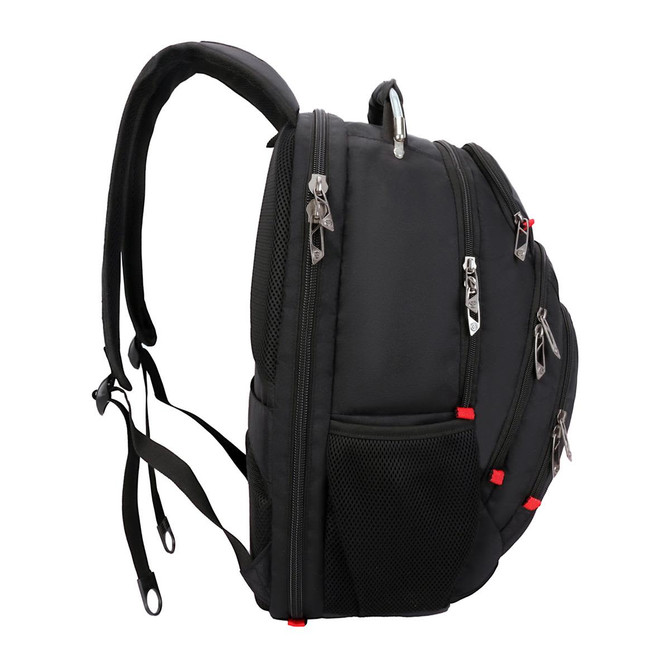 A black backpack featuring multiple zippered compartments, mesh pockets, and red accents. It includes a logo.