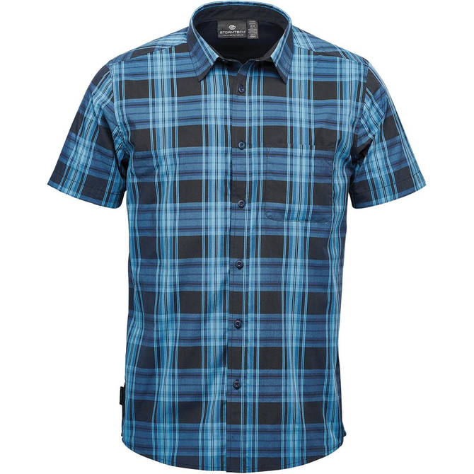 A blue and black short-sleeved button-up shirt featuring a checkered pattern and a pocket. It includes a branding logo.