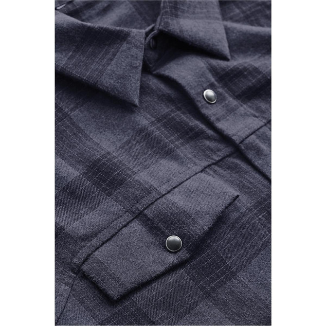 A dark plaid button-up shirt featuring a snap front and two chest pockets. Includes a logo on the label.