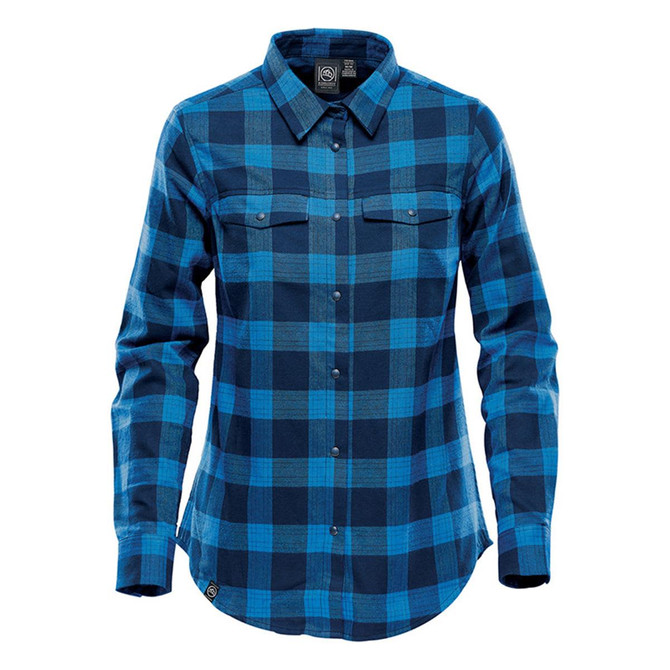 A blue plaid women's button-up shirt featuring a snap front, long sleeves, and two chest pockets.