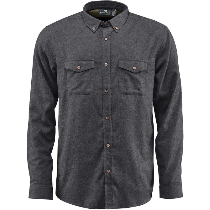 A dark grey button-up shirt with long sleeves and two chest pockets. It features a logo on the label.