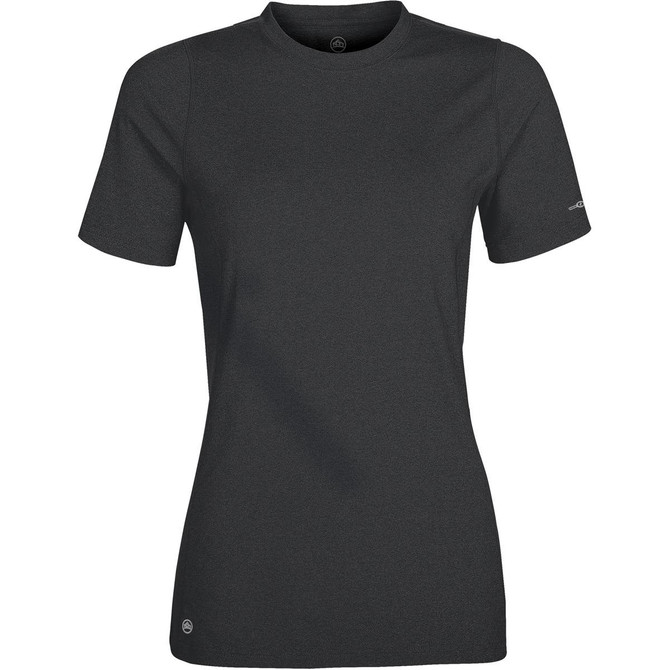 A short-sleeved women's t-shirt in dark grey with a logo on one sleeve.