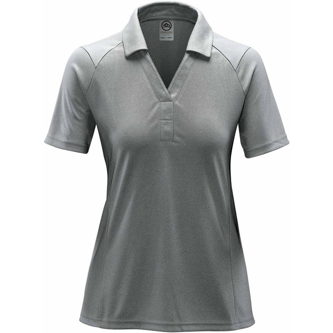 A women's polo shirt in a heathered light grey colour, featuring a classic collar and short sleeves. It has a logo.