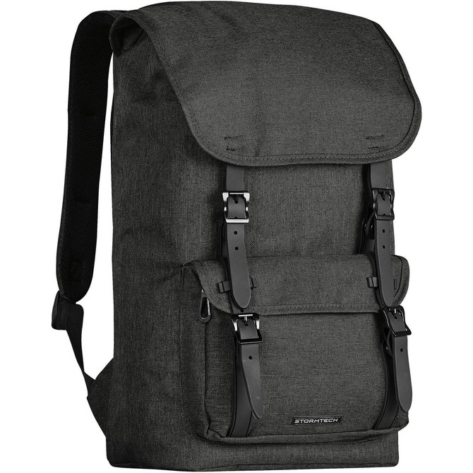 A green backpack with adjustable straps and buckles, featuring a logo and a top flap design.